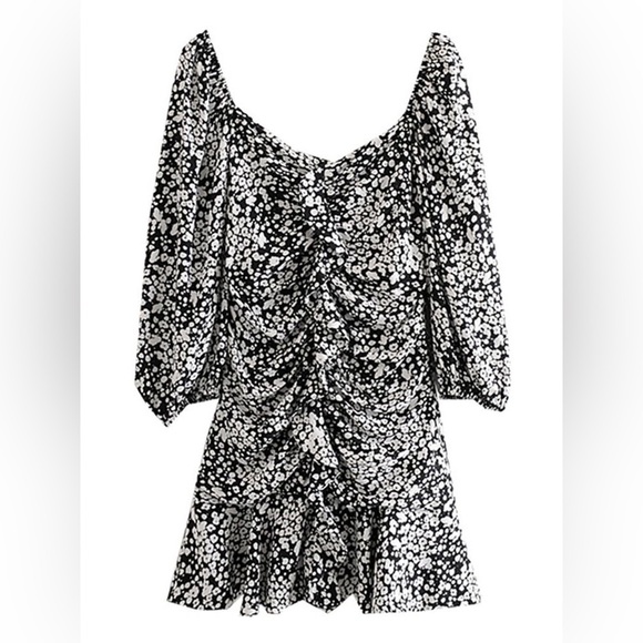 Zara Ruffle Ruched Mini Puff Sleeves Fit Flare Retro Floral Ditsy Cocktail Dress - Picture 8 of 13